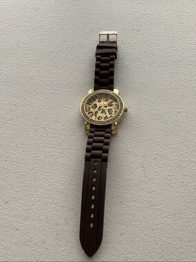 Vivani Gold Face Brown Silicone Leopard Print Watch